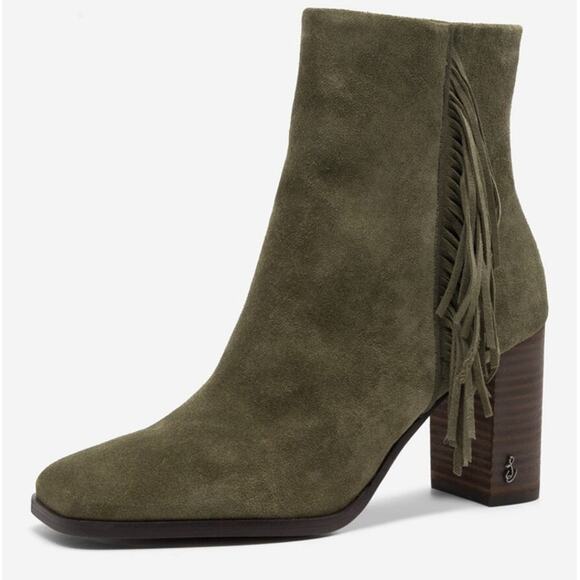 Sam Edelman Ona Olive Green Suede Fringe Square Toe Bootie Size 6.5 - Picture 1 of 9